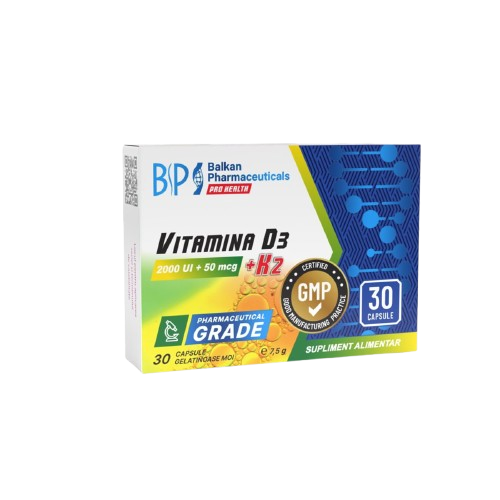 Balkan Pharmaceuticals, Vitamina D3 + K2, 2000UI + 50mcg, 30 caps